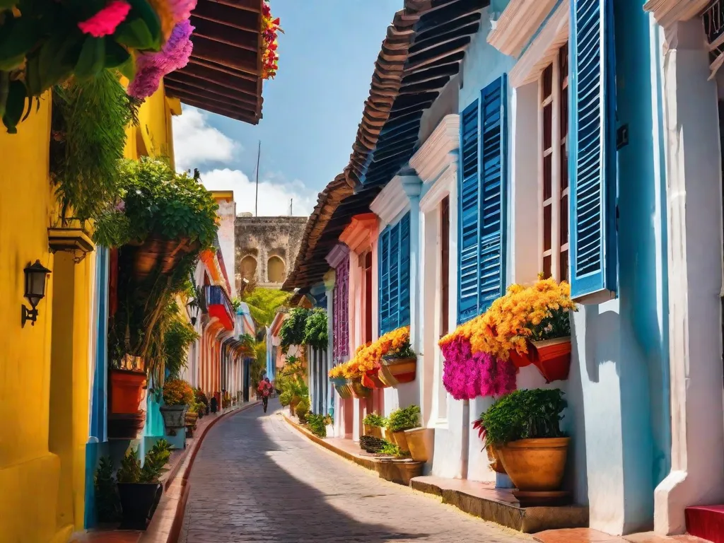 Uma imagem vibrante das coloridas ruas de Cartagena, Colômbia. A foto mostra a arquitetura colonial, com suas sacadas adornadas com flores e fachadas vibrantes. A atmosfera agitada é capturada através da presença de moradores locais e turistas explorando a cidade vibrante, criando um ambiente animado e energético.