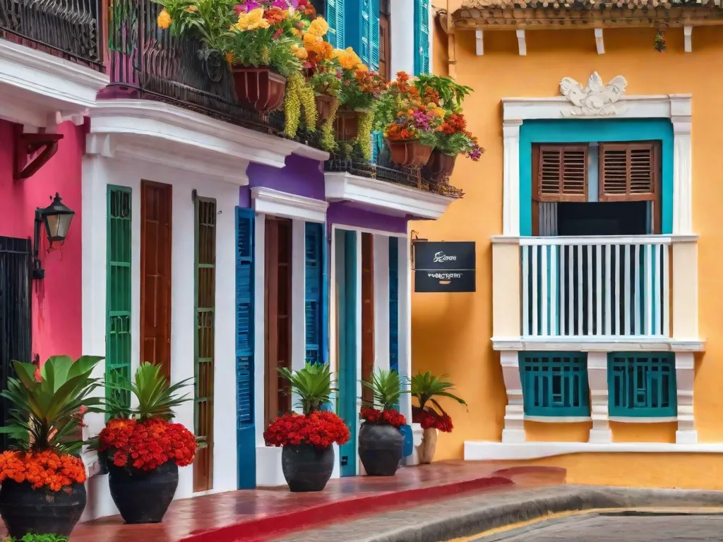 Uma imagem vibrante das coloridas ruas de Cartagena, Colômbia. A foto captura a encantadora arquitetura colonial, com suas fachadas vibrantes e varandas adornadas com flores. A movimentada rua está cheia de moradores locais e turistas, criando uma atmosfera animada que mostra a cultura e história únicas da cidade.