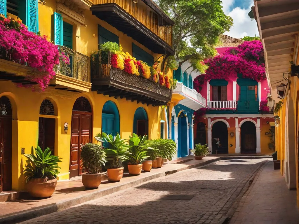 Uma imagem vibrante das coloridas ruas de Cartagena, Colômbia. A foto captura a arquitetura colonial, com suas varandas adornadas de flores e a atmosfera agitada de moradores locais e turistas explorando as encantadoras vielas da cidade. A imagem mostra a rica história e cultura vibrante da cidade, convidando os visitantes a embarcar em uma jornada cativante por Cartag