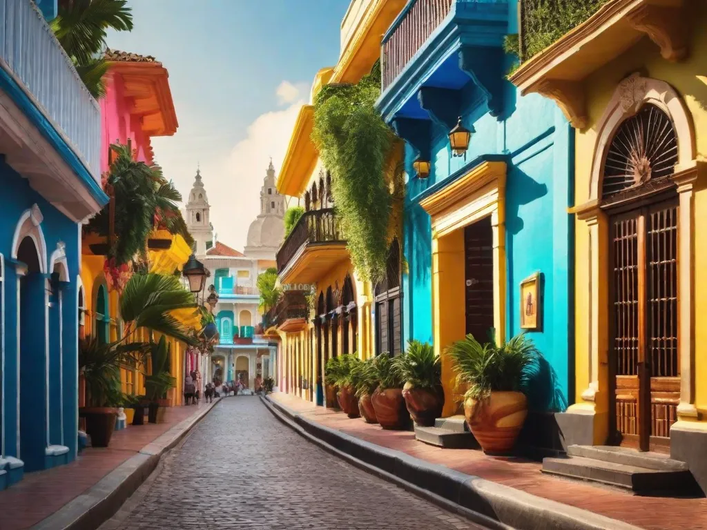 Uma imagem vibrante das coloridas ruas de Cartagena, Colômbia. A foto captura a arquitetura colonial, com suas varandas adornadas de flores e a atmosfera agitada de moradores locais e turistas explorando as encantadoras vielas da cidade. A imagem mostra a rica história e cultura vibrante da cidade, convidando os visitantes a embarcar em uma jornada cativante por Cartag