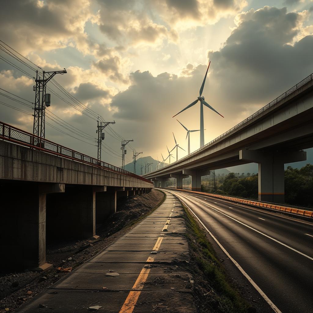 Um trecho de rodovia com asfalto irregular e buracos, simbolizando a falha na infraestrutura de transporte.