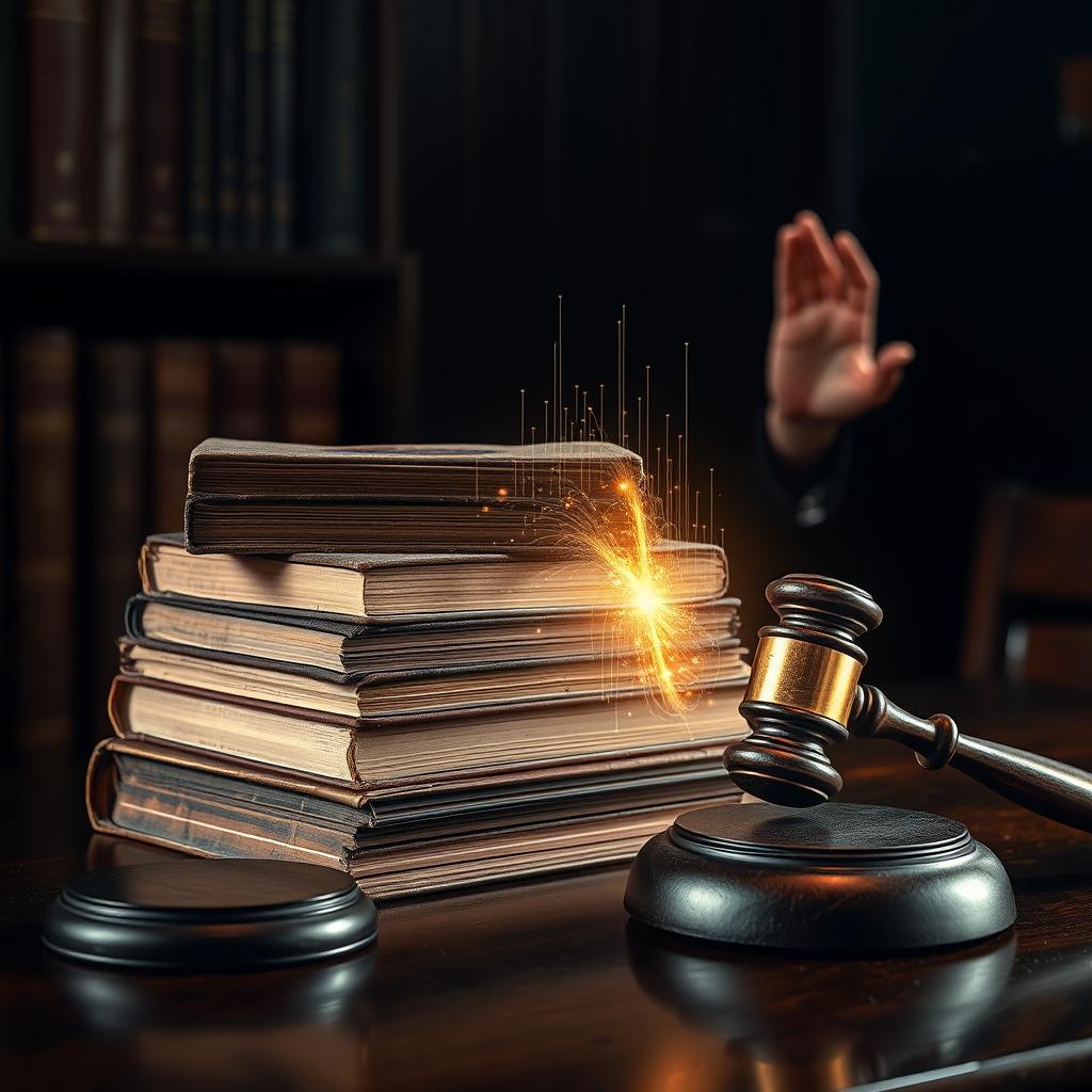 Pessoas discutindo documentos e leis, com balanças da justiça ao fundo, representando a análise do impacto da mudança de normas