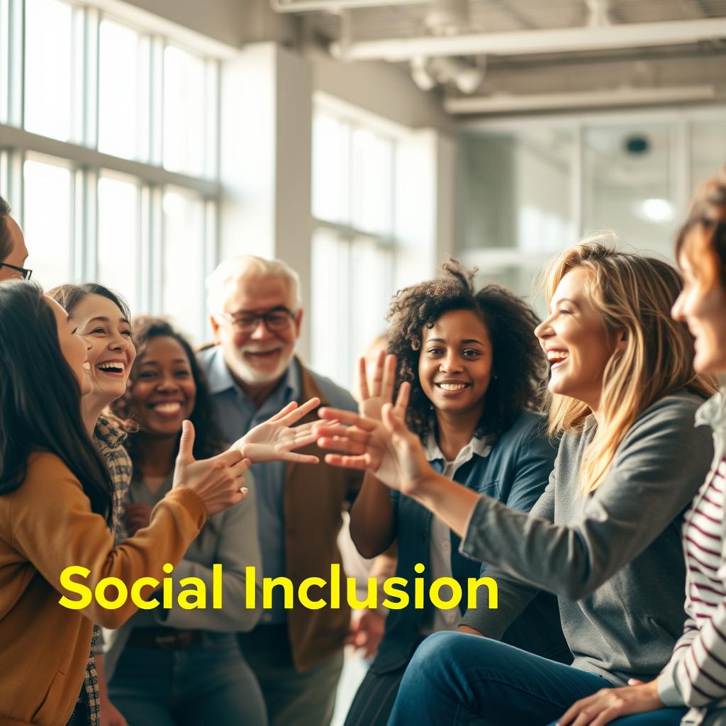 Grupo diverso de pessoas trabalhando juntas em um ambiente acessível, representando inclusão no trabalho.