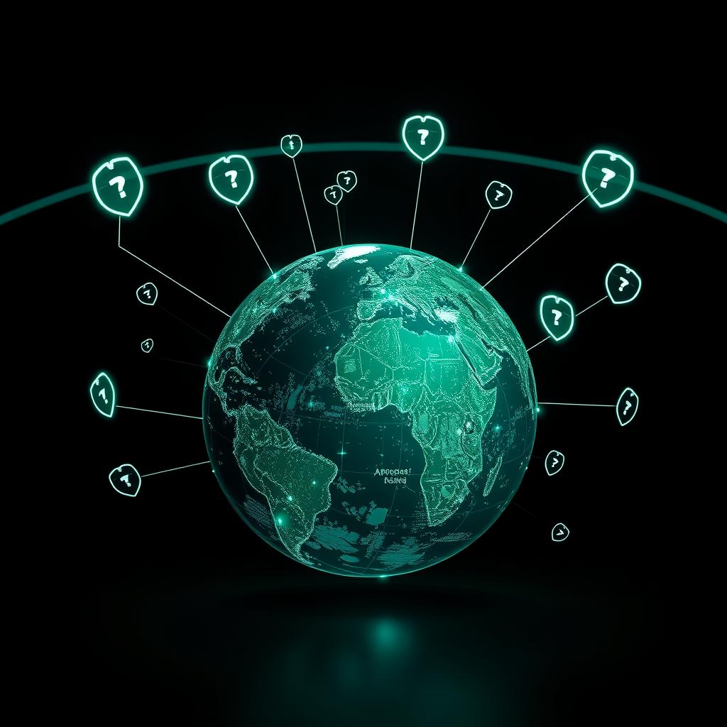 Ilustração de um globo terrestre com ícones de segurança, saúde e comunicação, representando a segurança global.