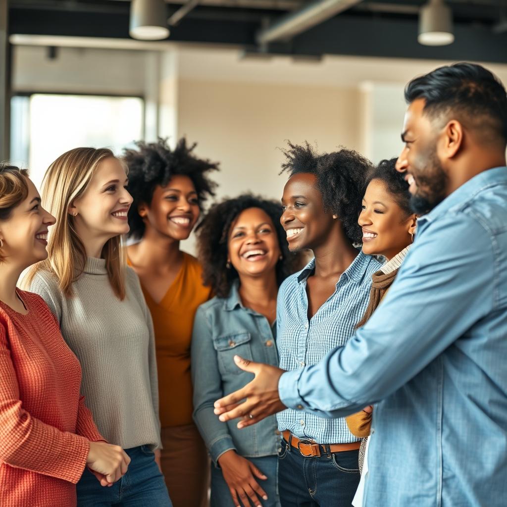 Grupo de pessoas diversas dialogando e sorrindo