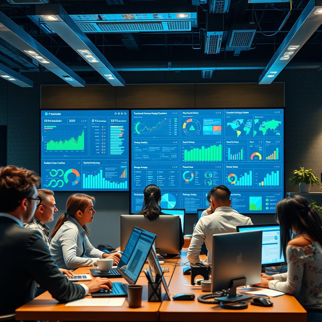 Profissionais analisando dashboards de gestão em um sistema ERP