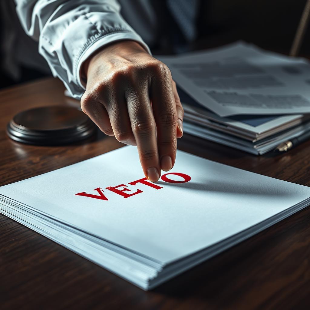Mãos de diferentes pessoas segurando peças de quebra-cabeça que se encaixam para formar um símbolo representando o equilíbrio entre os poderes, com o veto simbolizado como uma das peças que ajuda a manter a balança equilibrada.