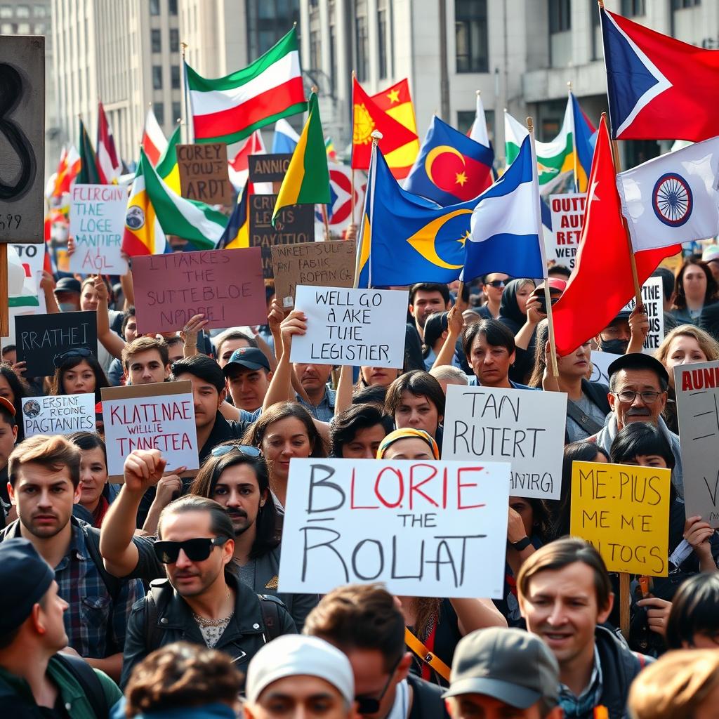 Multidão de pessoas em uma praça durante um protesto pacífico, com cartazes e bandeiras visíveis.