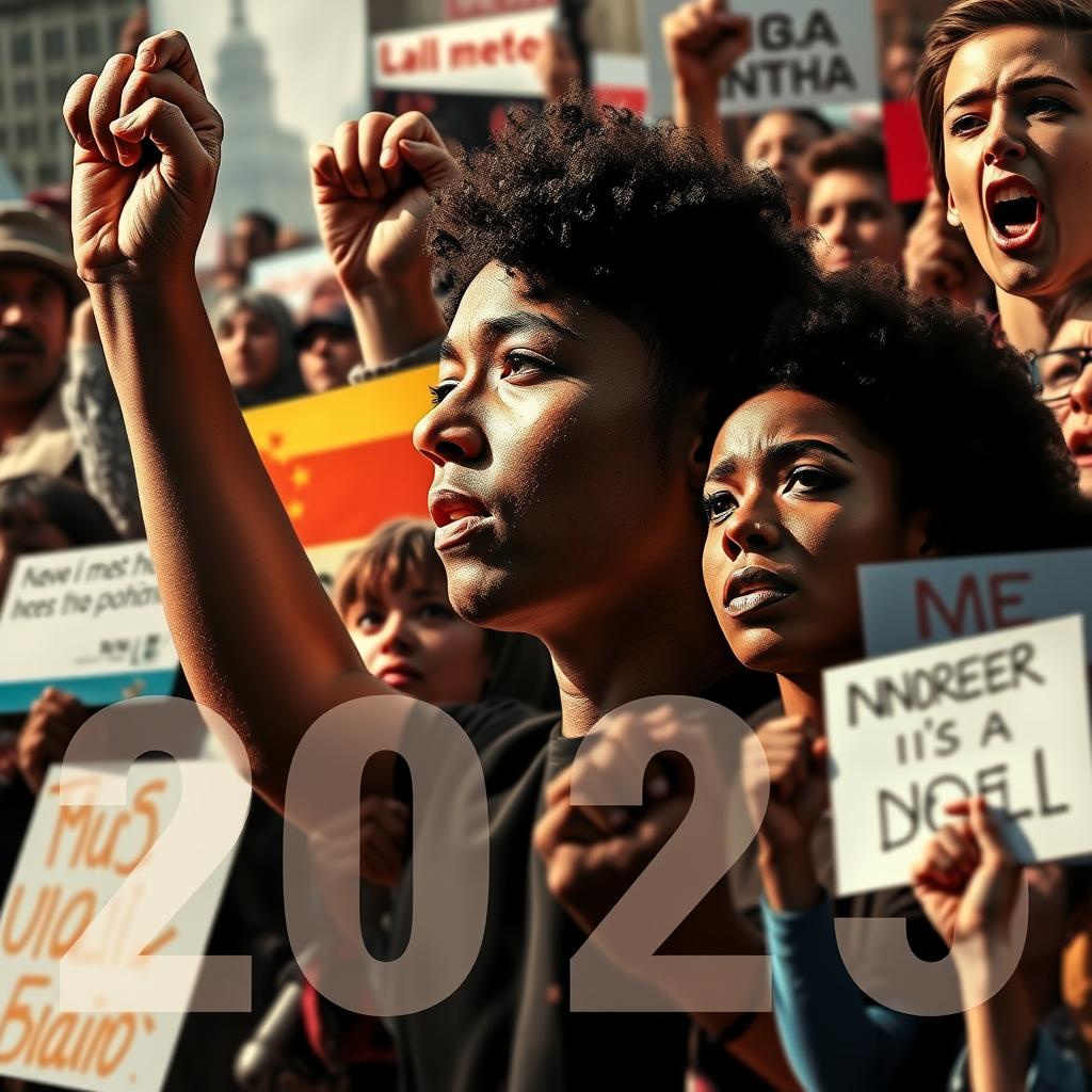 Manifestantes segurando cartazes em protesto em uma rua, com bandeiras ao fundo.