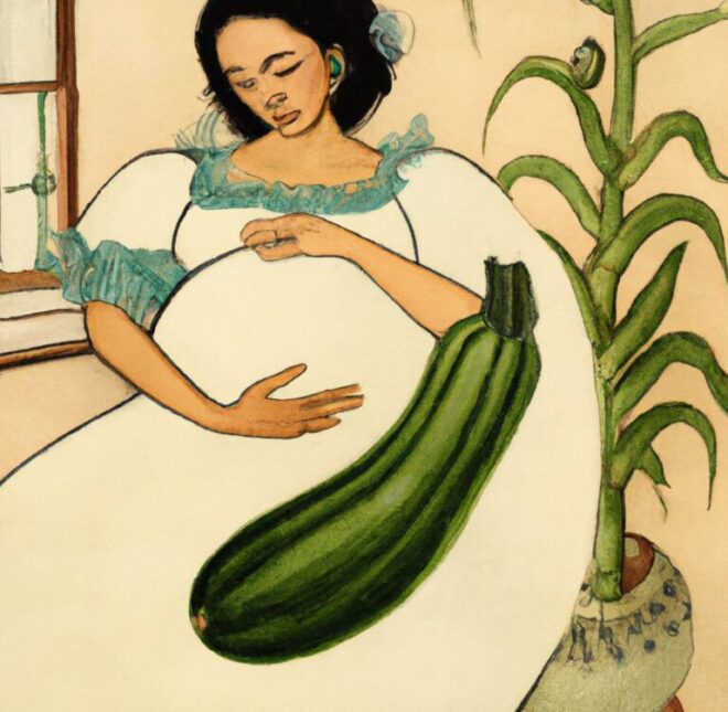 desenho de uma mulher grávida ao lado de uma abrobrinha verde