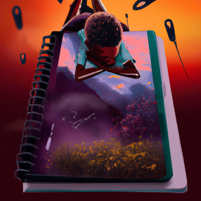Imagem de capa do post "Descubra o Que Significa Sonhar com Caderno!" com um desenho digital