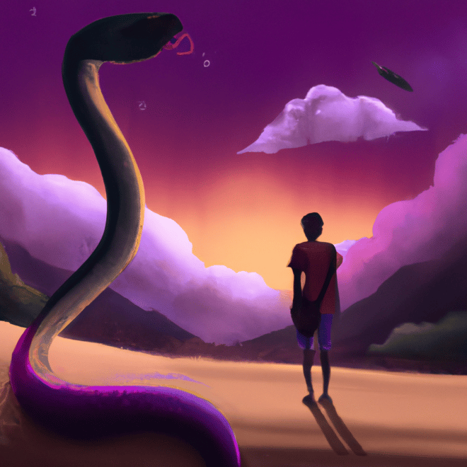 Imagem de capa do post "O que Significa Sonhar com Cobra Roxa? Descubra!" com um desenho digital