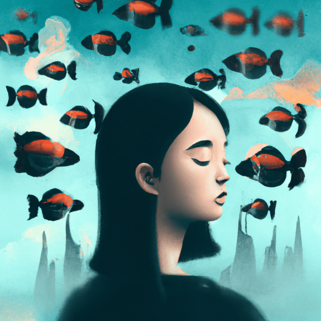 Imagem de capa do post "Descubra o Significado de Sonhar com Muitos Peixes!" com um desenho digital