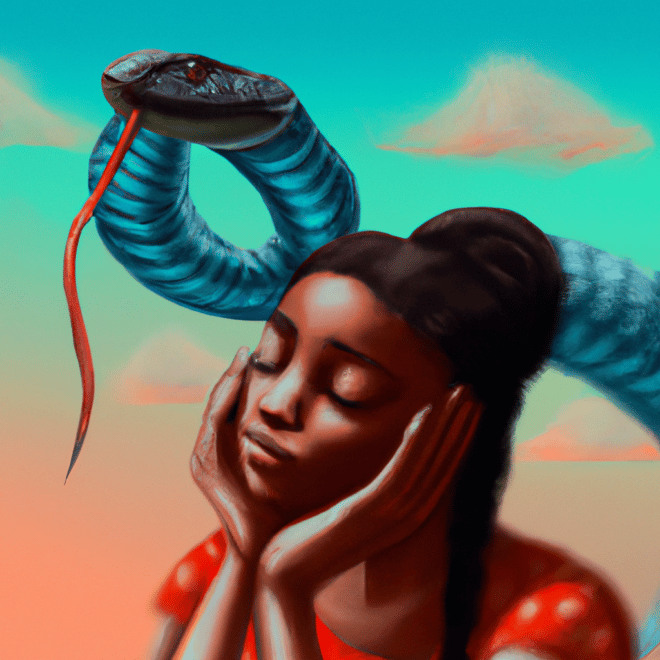 Imagem de capa do post "Sonha com Cobra Te Mordendo? Descubra o Significado do Seu Sonho!" com um desenho digital