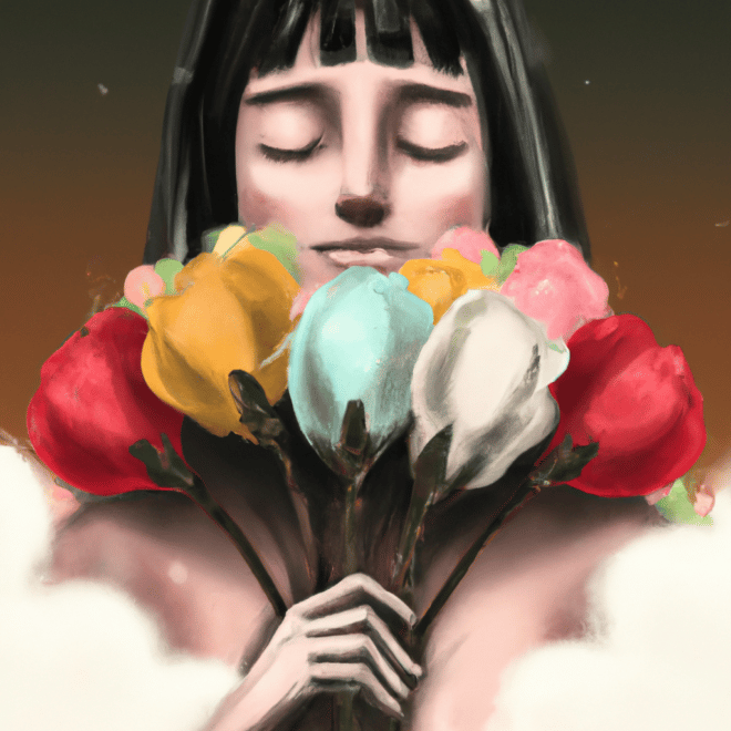 Imagem de capa do post "O Significado de Sonhar com Buquê de Flores Coloridas" com um desenho digital