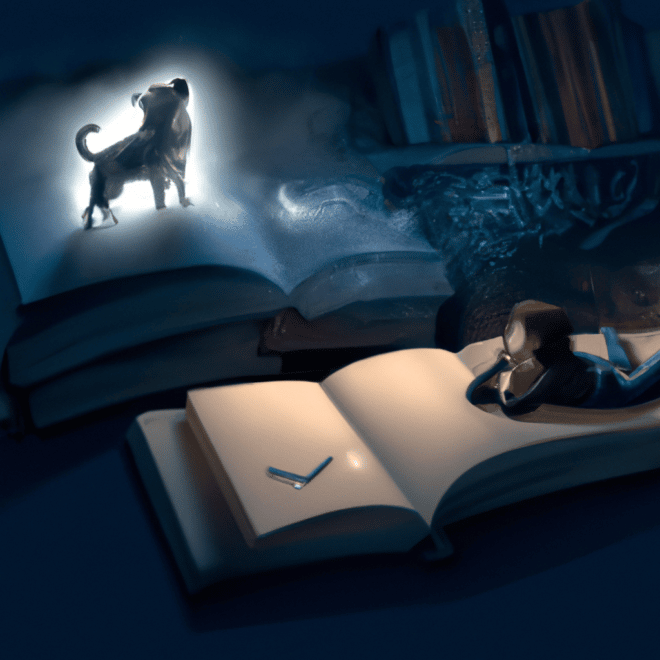 Imagem de capa do post "Sonhar com Cachorro Mordendo Livro dos Sonhos: Descubra o Significado!" com um desenho digital