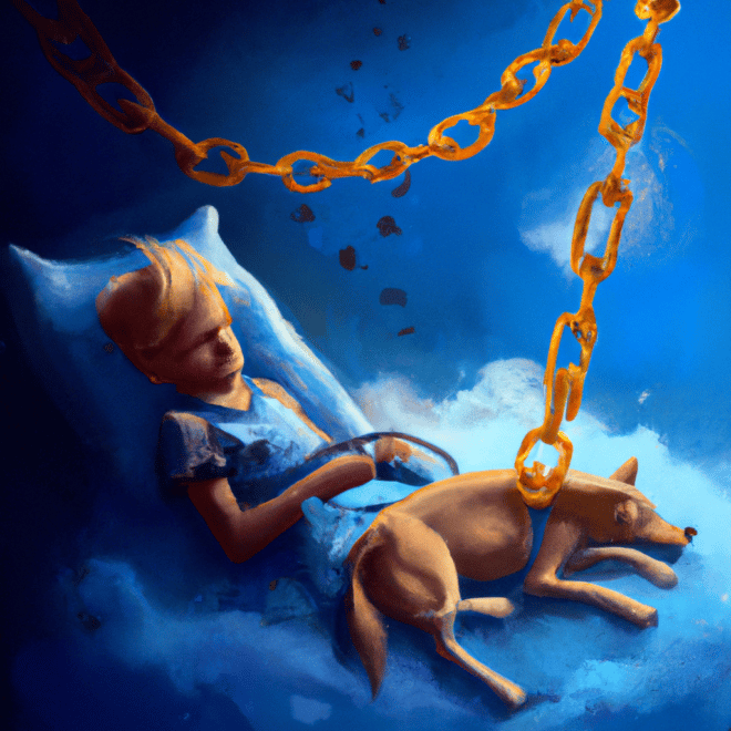 Imagem de capa do post "Cachorro na corrente: o que significa sonhar com esse animal?" com um desenho digital