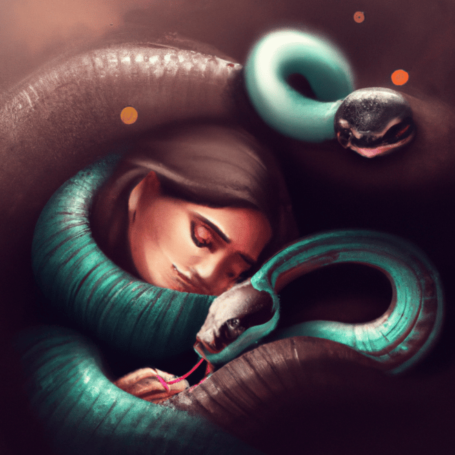 Imagem de capa do post "Descubra o Significado do Sonho com Duas Cobras Enroladas!" com um desenho digital