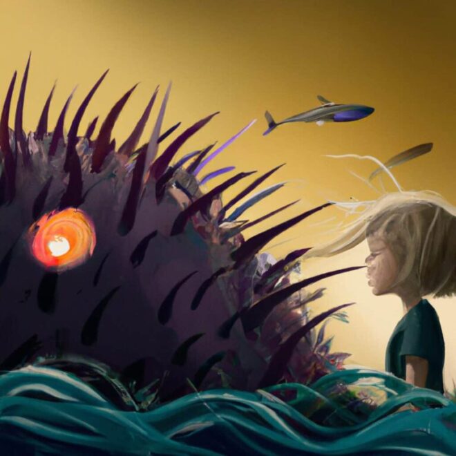 Imagem de capa do post "Sonhar com Ouriço do Mar: O Que Significa?" com um desenho digital