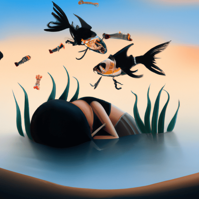 Imagem de capa do post "Sonhar com Peixe Fresco Morto: Descubra Seu Significado" com um desenho digital