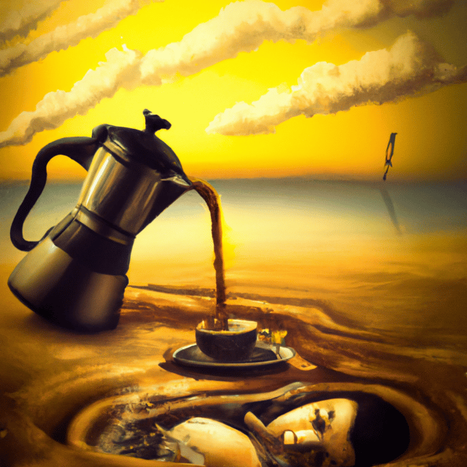 Imagem de capa do post "Sonhar com po de café derramado: o que significa?" com um desenho digital