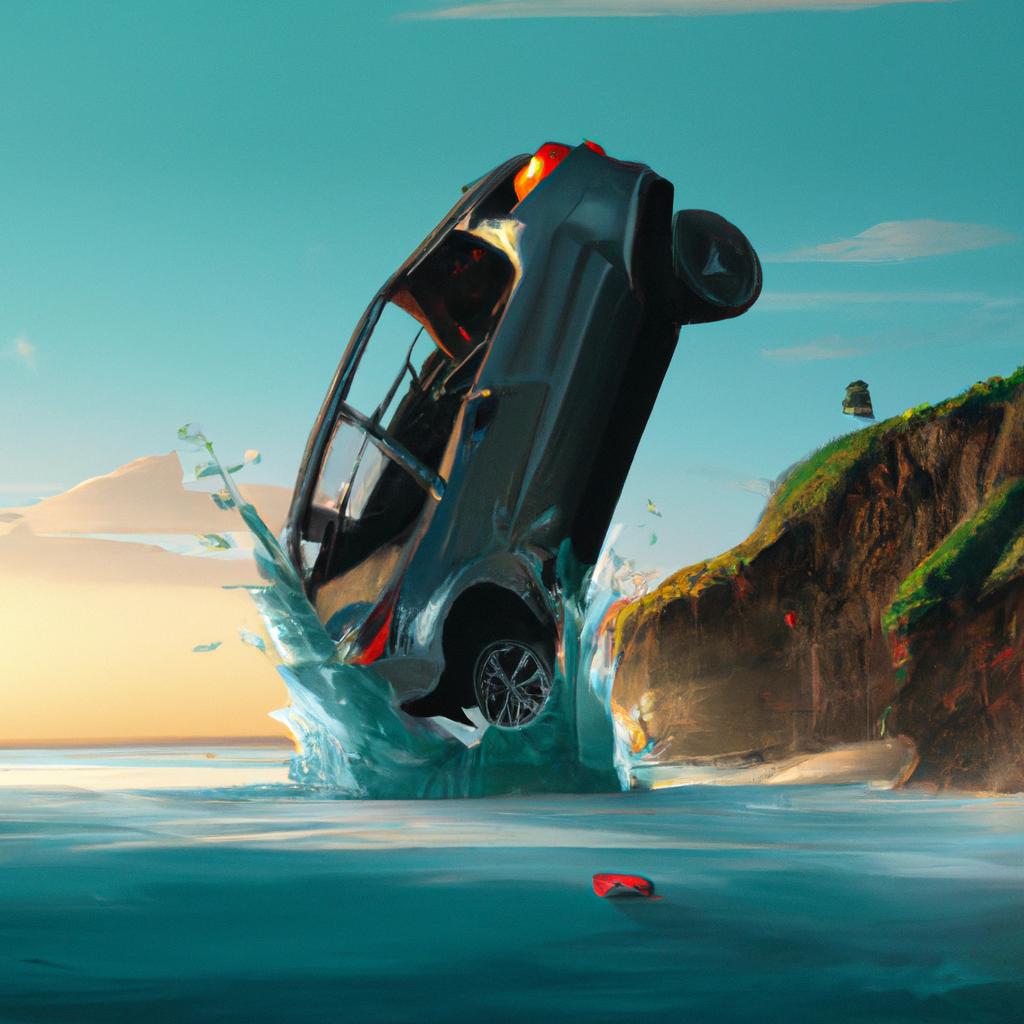 Imagem de capa do post "Compreenda o Significado de Sonhar com Carro Caindo no Mar!" com um desenho digital