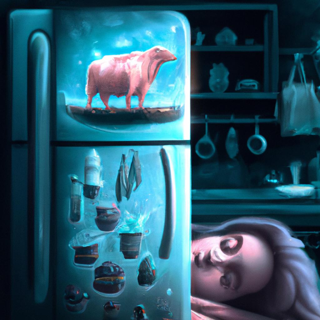 Imagem de capa do post "Sonhar com Geladeira Cheia de Carne: Descubra o Significado!" com um desenho digital