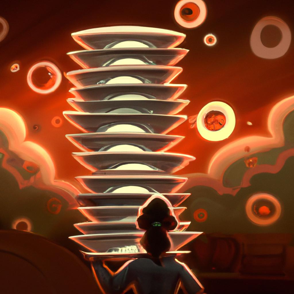 Imagem de capa do post "Sonhar com Pratos Empilhados: Entenda o Significado!" com um desenho digital
