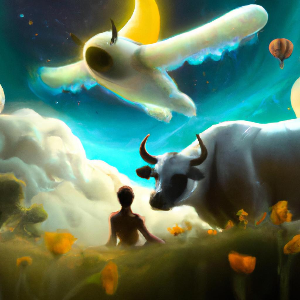 Imagem de capa do post "Descubra o Significado de Sonhar com Vaca Voando!" com um desenho digital