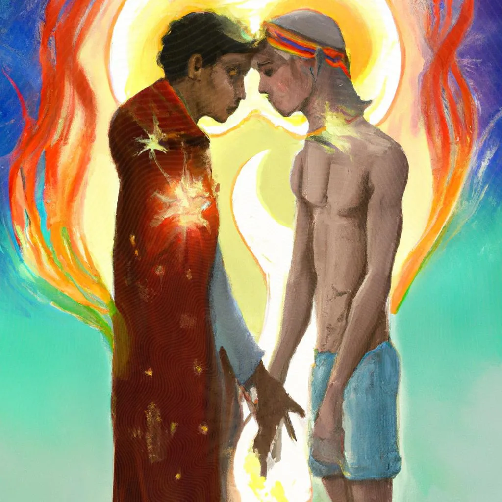 Homossexualidade e Espiritismo: Entenda a Conexão! 4 uma cena cinematográfica ilustrada de homossexualidade e espiritismo