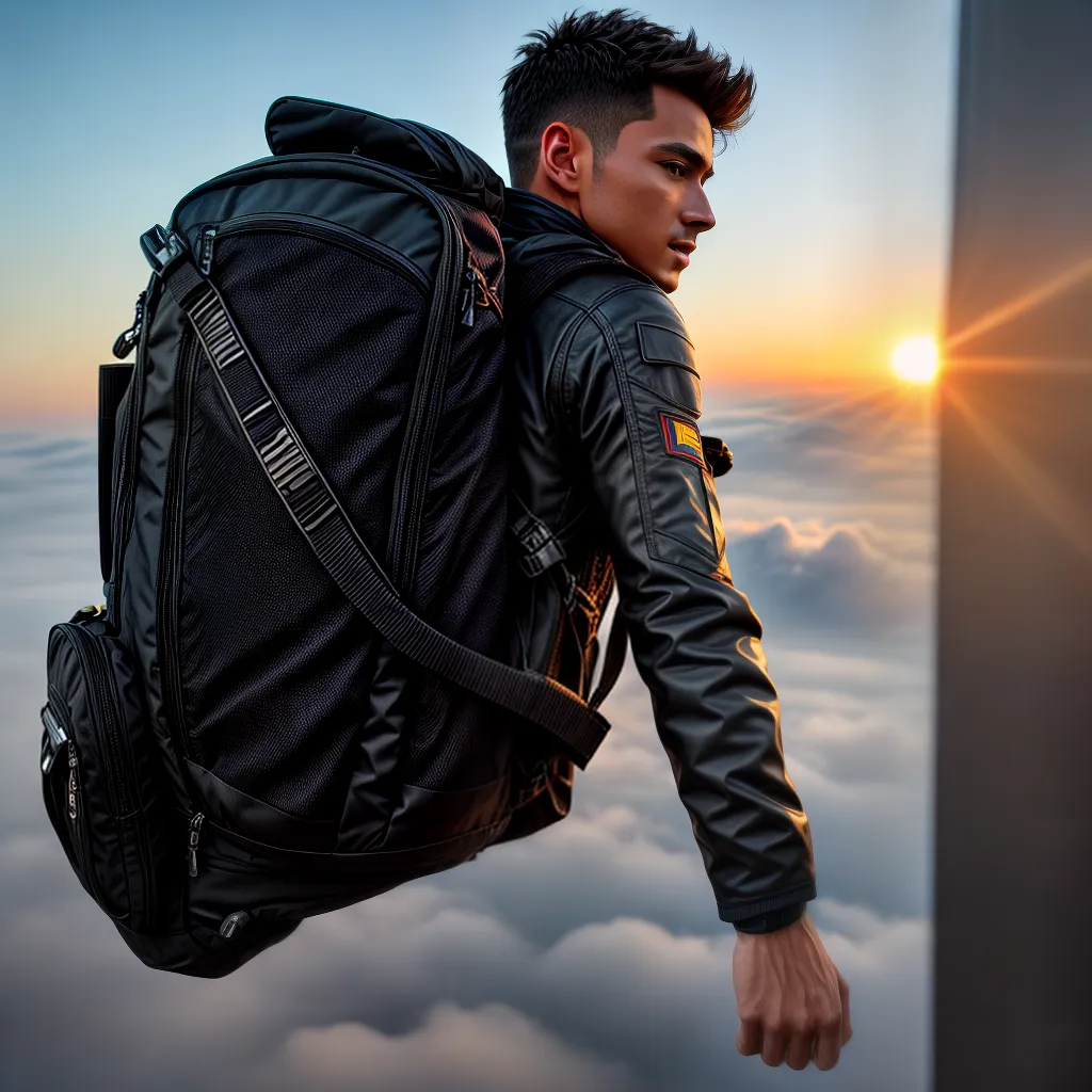 Fotos A photo of a person standing on a cliff overlooking a vast and beautiful landscape of mountains and forests. The sun is setting in the distance casting a warm orange glow over everything