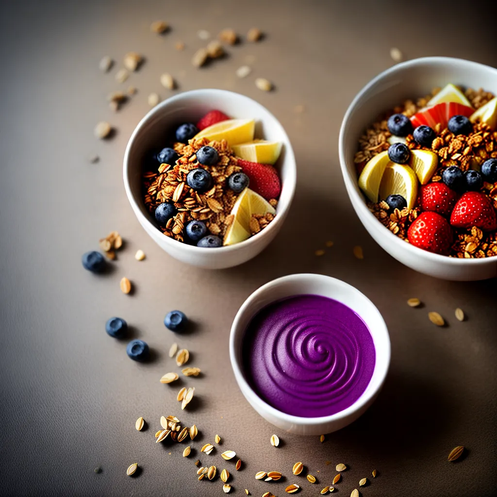 Fotos acai roxo frutas granola natureza