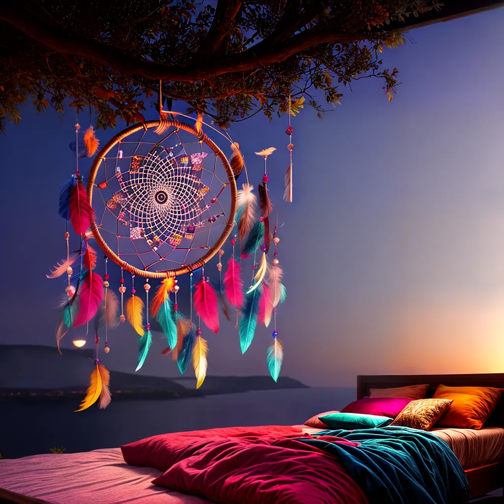 Desvendando o Mistério dos Sonhos: Descubra o Significado por Trás das Noites de Sono 2 Fotos apanhador sonhos penas contas cama 3