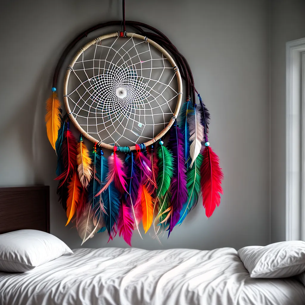 Explorando o Mistério dos Sonhos: Interpretação e Significado. 5 Fotos apanhador sonhos penas contas cama 49