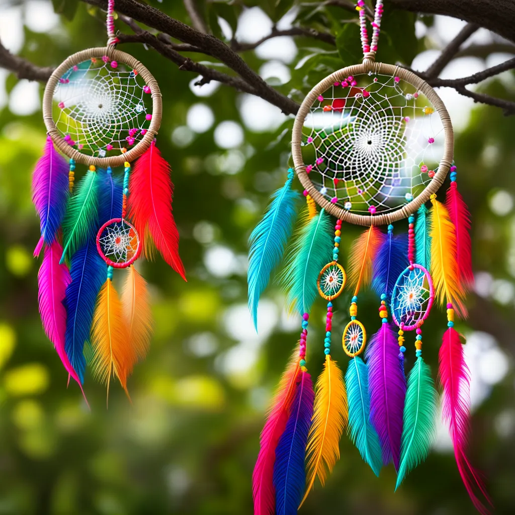 Descubra o talismã dos seus sonhos e sua vibração. 2 Fotos atrapa sonhos colorido pena beads