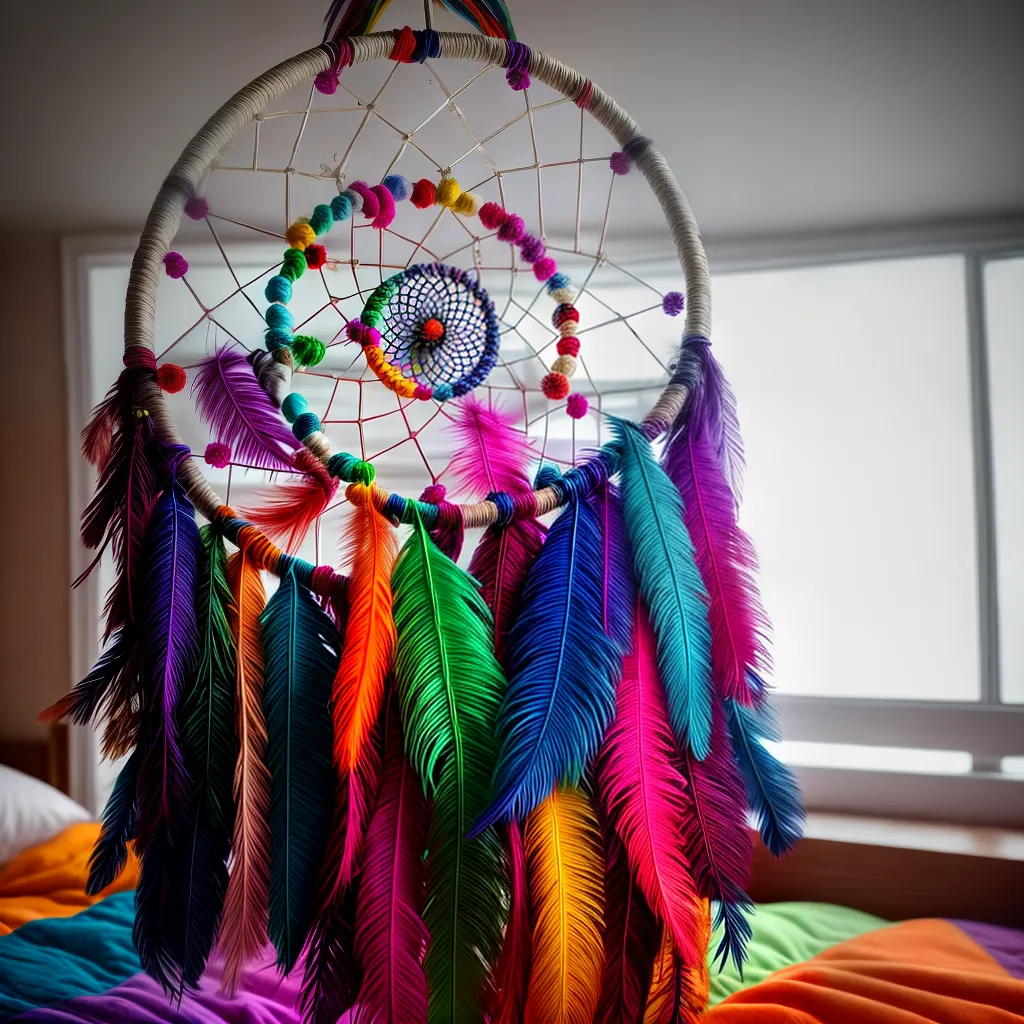 Fotos atrapa sonhos colorido pena cama
