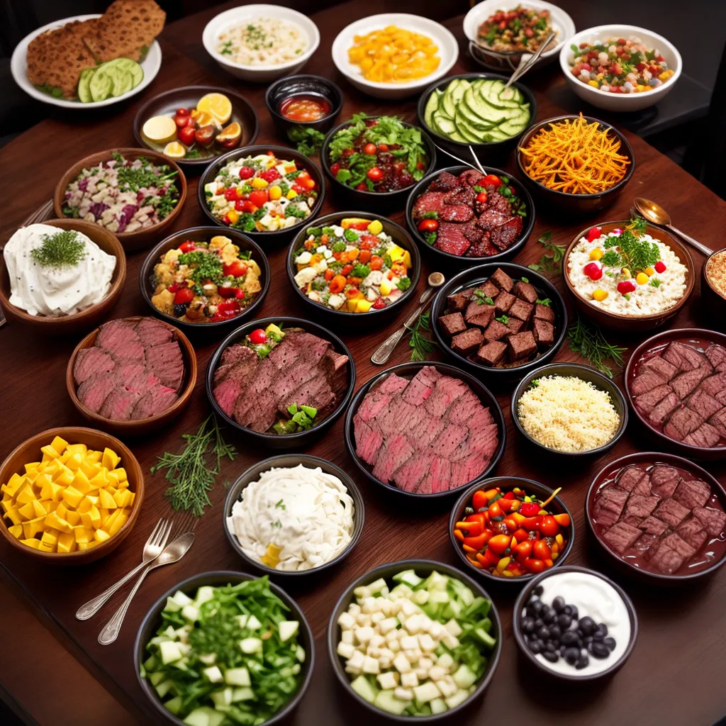 Fotos banquete carnes saladas sobremesas desejo