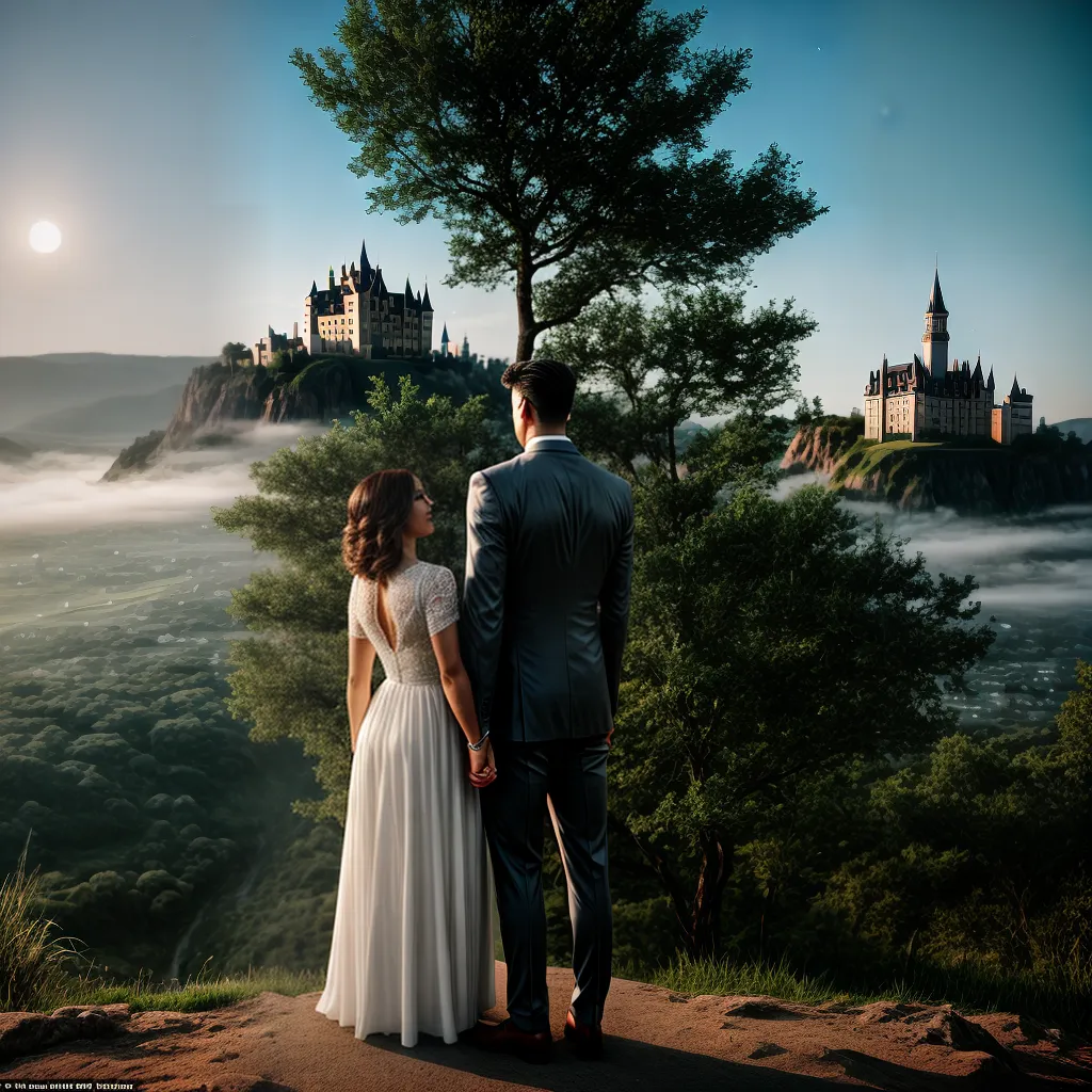 Fotos casal nuvem lua vestido traje castelo