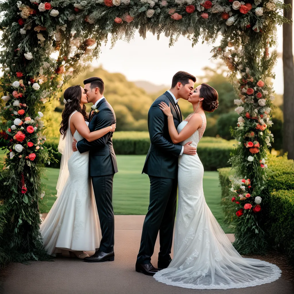 Fotos casamento beijo arco flores amor