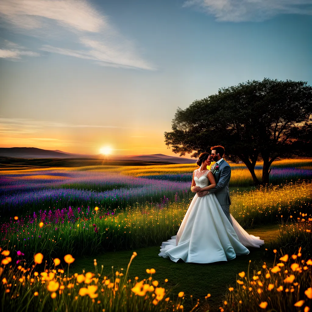 Fotos casamento por do sol campo flores