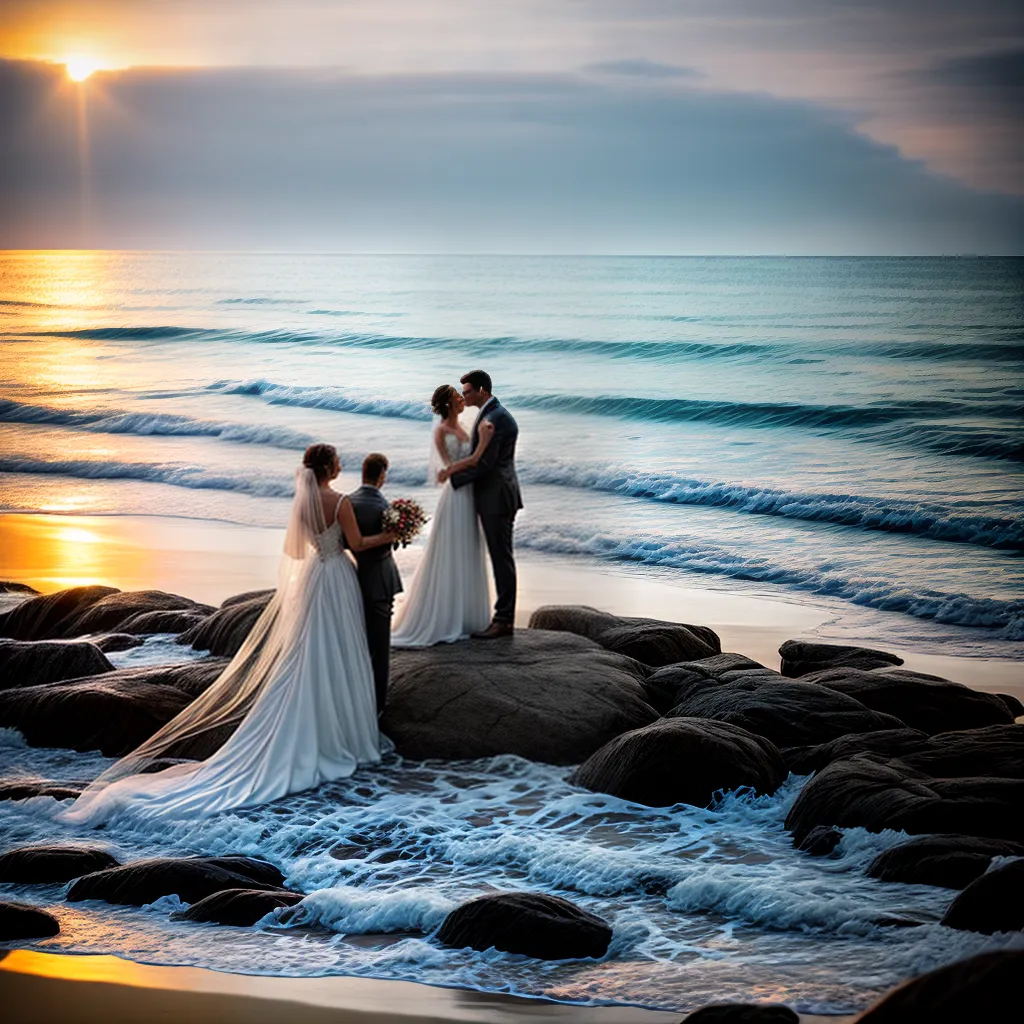 Fotos casamento praia por do sol flor noiva