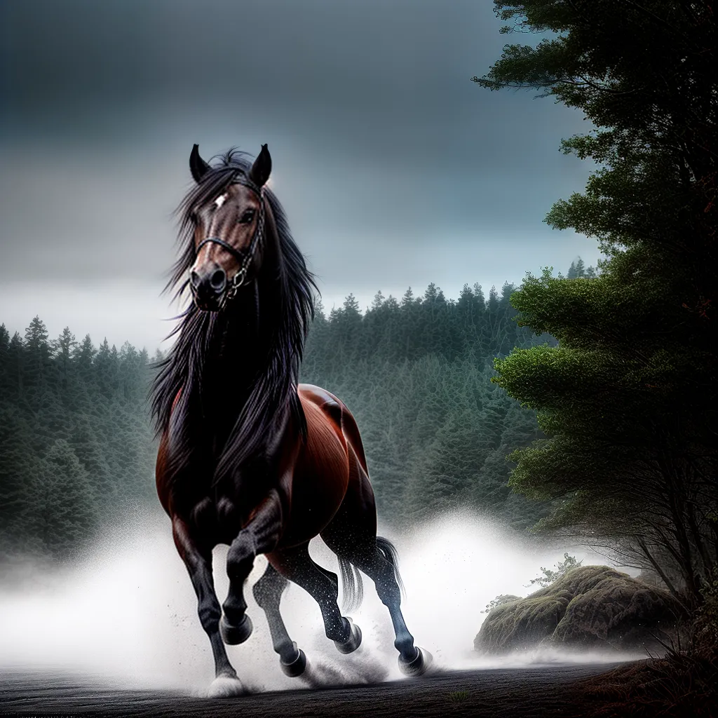 Desvendando o Mistério: Sonhar com Cavalo Preto 10 Fotos cavalo negro galopando floresta nevoenta