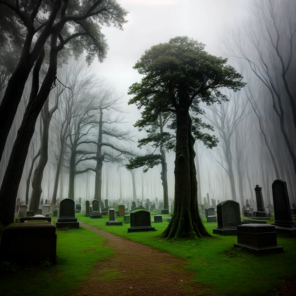 Fotos cemiterio nevoa tumulos arvores surreal