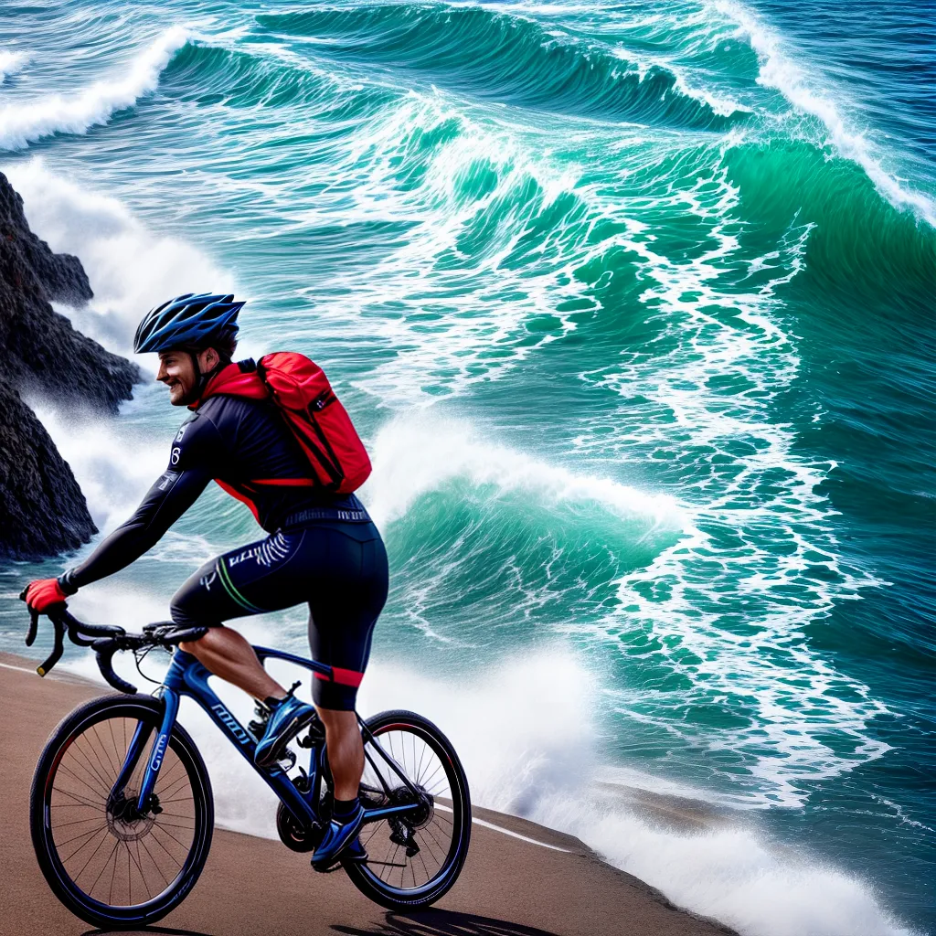Fotos ciclista aventura costa ondas