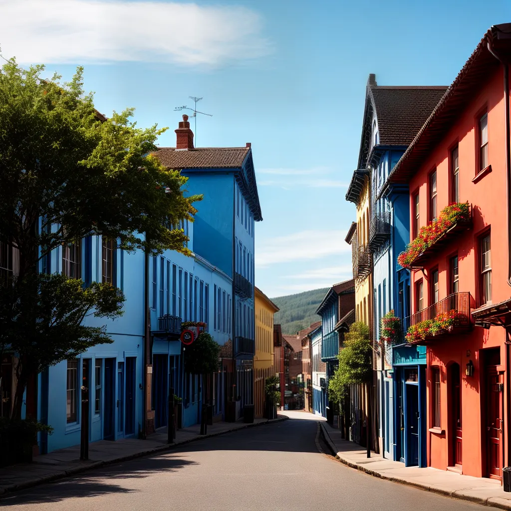 Título do Blog: Interpretando o Significado de Sonhar com a Cidade Interiorana - pertencente ao tema Viagens. 4 Fotos cidade pequena rua colorida ceu azul