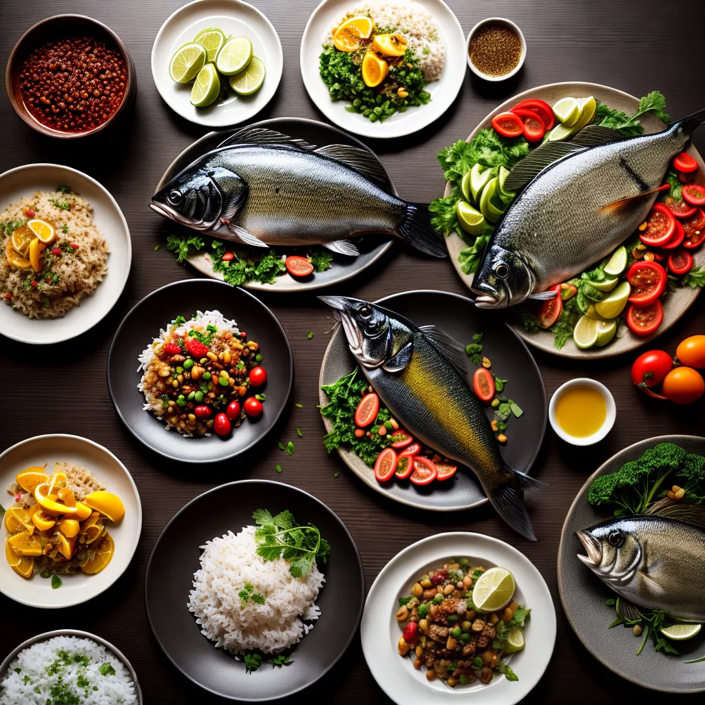 Qual o Significado de Sonhar com Peixes de Água Doce e Pratos à Base de Arroz? 3 Fotos comida colorida peixe arroz frutas legumes