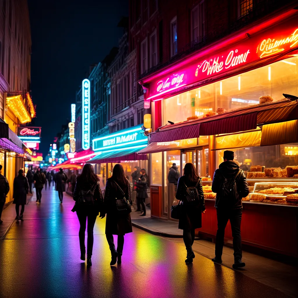 Descubra o que Significa Sonhar com Doceria e Vida Noturna 5 Fotos confeitaria noturna neon pessoas doces vida