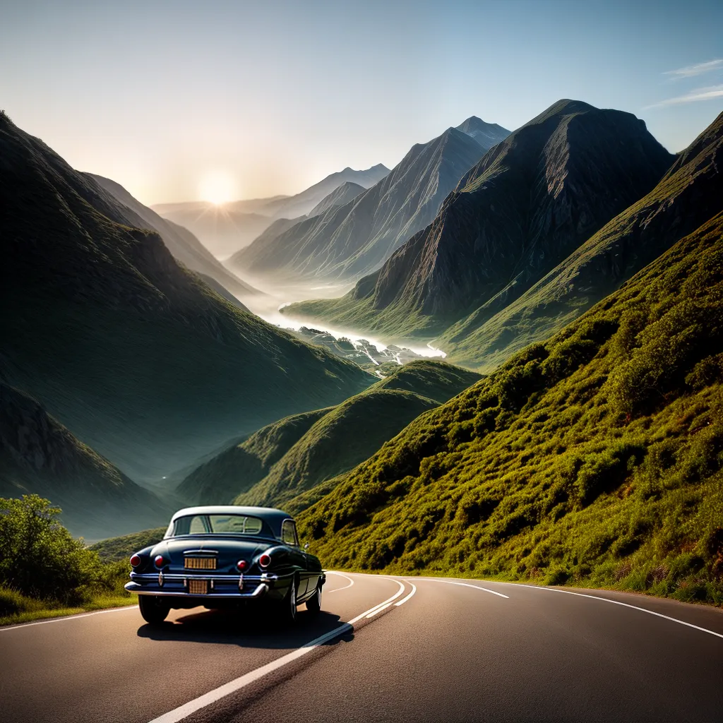 Fotos estrada montanhas por do sol carro vintage