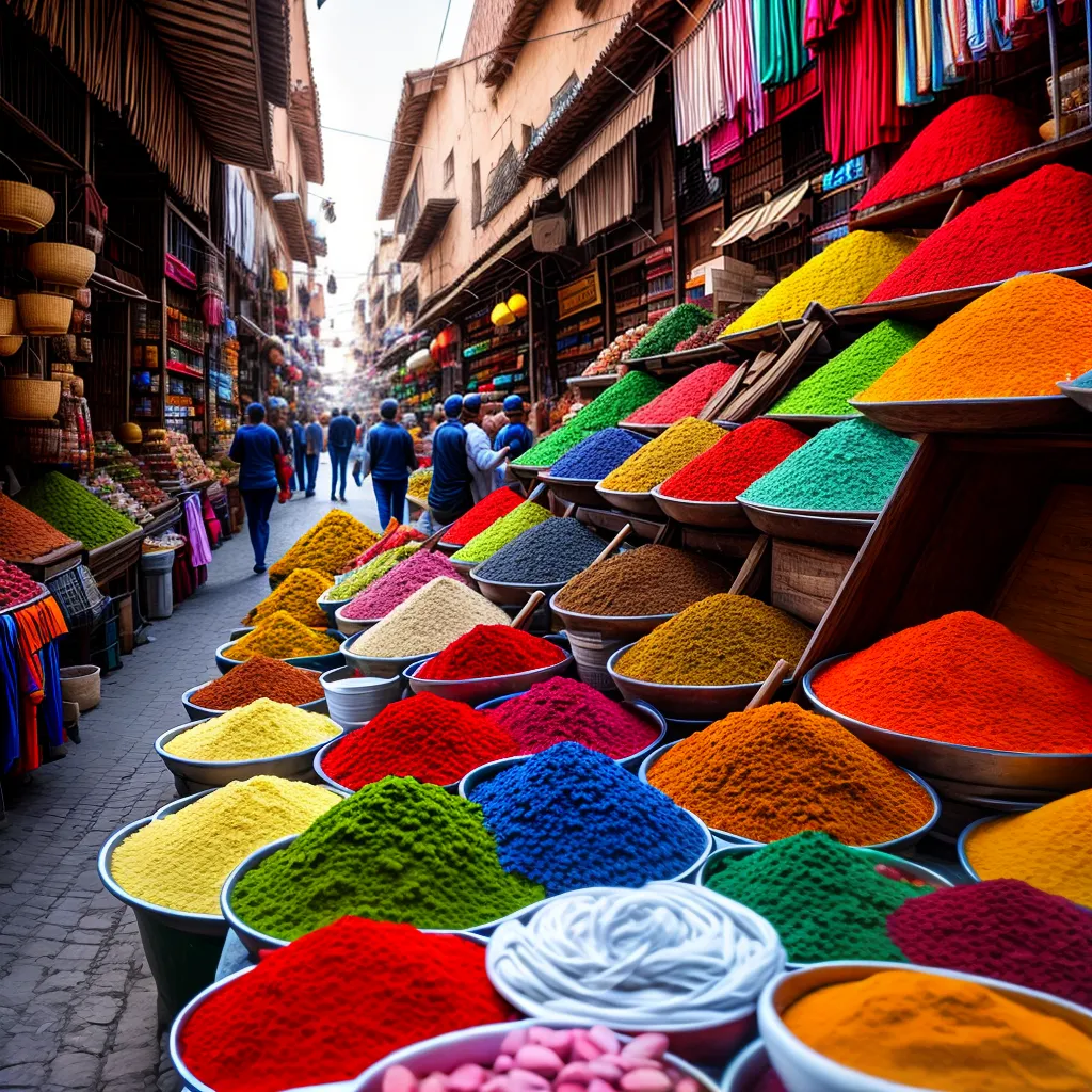 Descubra os melhores roteiros turísticos pelo mundo: dicas e curiosidades. 6 Fotos feira marrakech especiarias texteis energia