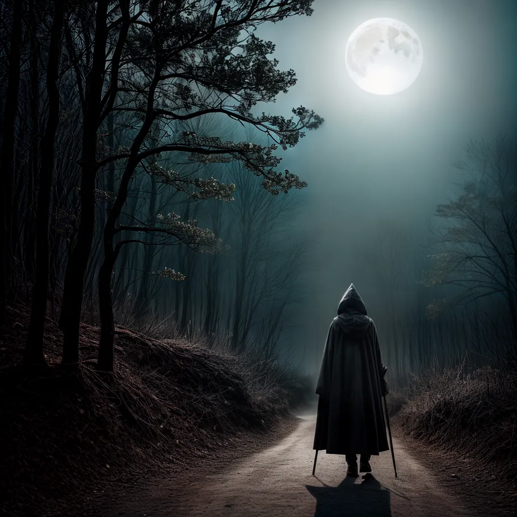 Fotos floresta lua cheia figura encapuzada sombrias